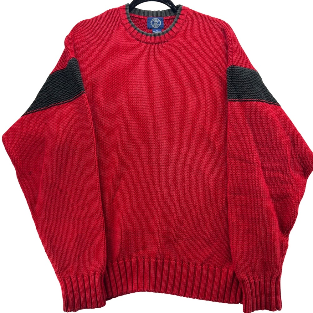 VTG GAP Men's XL Red Knit Sweater Crew Neck Gray Stripe Cotton Blend 90s Retro